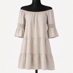 Terzo Millennio Italy 100% Linen Crochet Sleeve Dress Beige Size L - Mediterrane